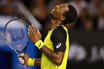 MELBOURNE, AUSTRALIA - JANUARY 18:  Gael Monfils of France looks dejected during his third round match against Rafael Nadal of Spain during day six of the 2014 Australian Open at Melbourne Park on January 18, 2014 in Melbourne, Australia.  (Photo by Camer