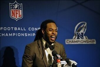 Jan 19, 2014; Seattle, WA, USA; Seattle Seahawks cornerback Richard Sherman (25) addresses the media after the 2013 NFC Championship football game against the San Francisco 49ers at CenturyLink Field. Mandatory Credit: Steven Bisig-USA TODAY Sports