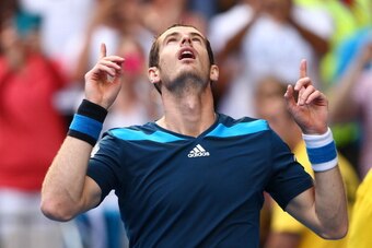 MELBOURNE, AUSTRALIA - JANUARY 18:  Andy Murray of Great Britain celebrates winning his third round match against Feliciano Lopez of Spain during day six of the 2014 Australian Open at Melbourne Park on January 18, 2014 in Melbourne, Australia.  (Photo by