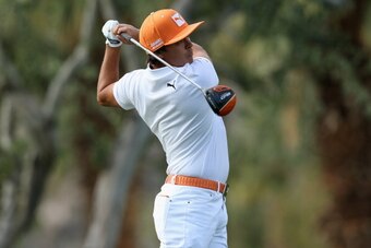 LA QUINTA, CA - JANUARY 19:  Rickie Fowler hits a tee shot on the eleventh hole during the final round of the Humana Challenge in partnership with the Clinton Foundation on the Arnold Palmer Private Course at PGA West on January 19, 2014 in La Quinta, Cal