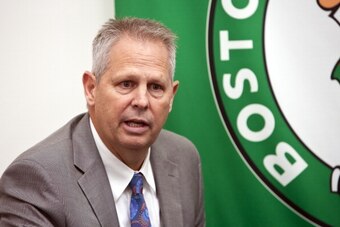 PORTLAND, ME - JUNE 21:  Danny Ainge, Celtics President of Basketball Operations, speaks at a press conference in Portland, Maine on June 21, 2012 announcing that the Celtics and Red Claws have entered into a single affiliation partnership beginning with 