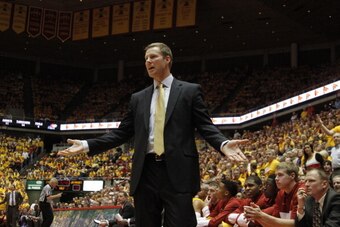AMES, IA - JANUARY 13:  Head coach Fred Hoiberg of the Iowa State Cyclones argues a call in the second half against the Kansas Jayhawks on January 13, 2014 at Hilton Coliseum, in Ames, Iowa. (Photo by Matthew Holst/Getty Images)