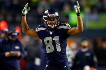 SEATTLE, WA - JANUARY 19:  Wide receiver Golden Tate #81 of the Seattle Seahawks celebrates in the fourth quarter while taking on the San Francisco 49ers during the 2014 NFC Championship at CenturyLink Field on January 19, 2014 in Seattle, Washington.  (P
