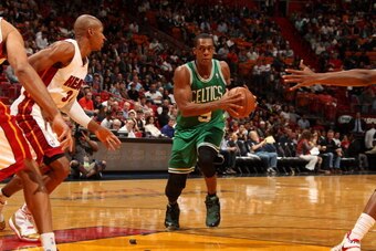 MIAMI, FL- JANUARY 21:  Rajon Rondo #9 of the Boston Celtics handling the ball during a game against the Miami Heat at the American Airlines Arena in Miami, Florida on January 21, 2014.  NOTE TO USER: User expressly acknowledges and agrees that, by downlo