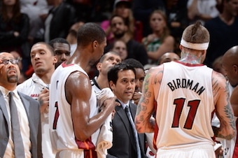 MIAMI, FL- JANUARY 21:  Erik Spoelstra of the Miami Heat during the game against the Boston Celtics at the American Airlines Arena in Miami, Florida on January 21, 2014.  NOTE TO USER: User expressly acknowledges and agrees that, by downloading and or usi