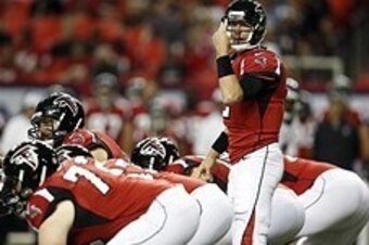 Aug 9, 2012; Atlanta, Georgia, USA; Atlanta Falcons quarterback Matt Ryan (2) talks to his offensive line during the first quarter in a preseason game against the Baltimore Ravens at the Georgia Dome. Mandatory Credit: Josh D. Weiss-USA TODAY Sports