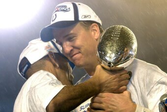 Tony Dungy and Peyton Manning after Super Bowl XLI between the Indianapolis Colts and Chicago Bears at Dolphin Stadium in Miami, Florida on February 4, 2007.  (Photo by A. Messerschmidt/Getty Images)