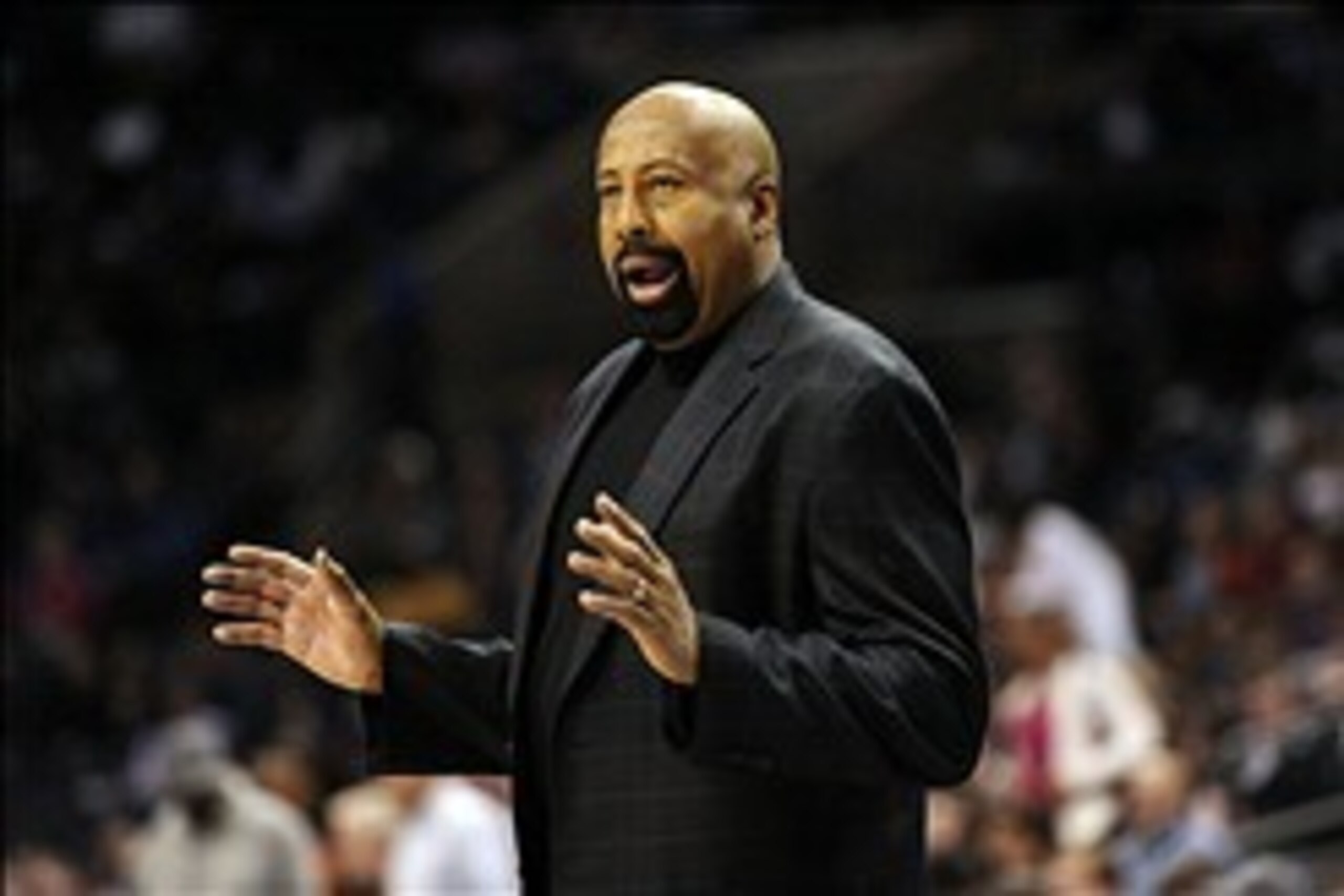 Jan 14, 2014; Charlotte, NC, USA; New York Knicks head coach Mike Woodson reacts during the second half of the game against the Charlotte Bobcats at Time Warner Cable Arena. Bobcats win 108-98. Mandatory Credit: Sam Sharpe-USA TODAY Sports