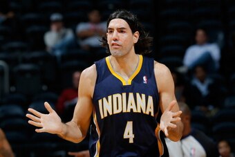 ATLANTA, GA - OCTOBER 22:  Luis Scola #4 of the Indiana Pacers against the Atlanta Hawks at Philips Arena on October 22, 2013 in Atlanta, Georgia.  NOTE TO USER: User expressly acknowledges and agrees that, by downloading and or using this photograph, Use