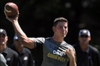 June 30, 2013; Beaverton, OR, USA; David Cornwell, of Norman, Oklahoma, passes the ball during the morning session of the Elite 11 at Nike World Headquarters. Mandatory Credit: Steve Dykes-USA TODAY Sports