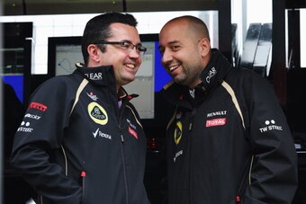 NORTHAMPTON, ENGLAND - JULY 06:  Lotus Team Principal Eric Boullier and Lotus team owner Gerard Lopez are seen during practice for the British Grand Prix at Silverstone Circuit on July 6, 2012 in Northampton, England.  (Photo by Mark Thompson/Getty Images