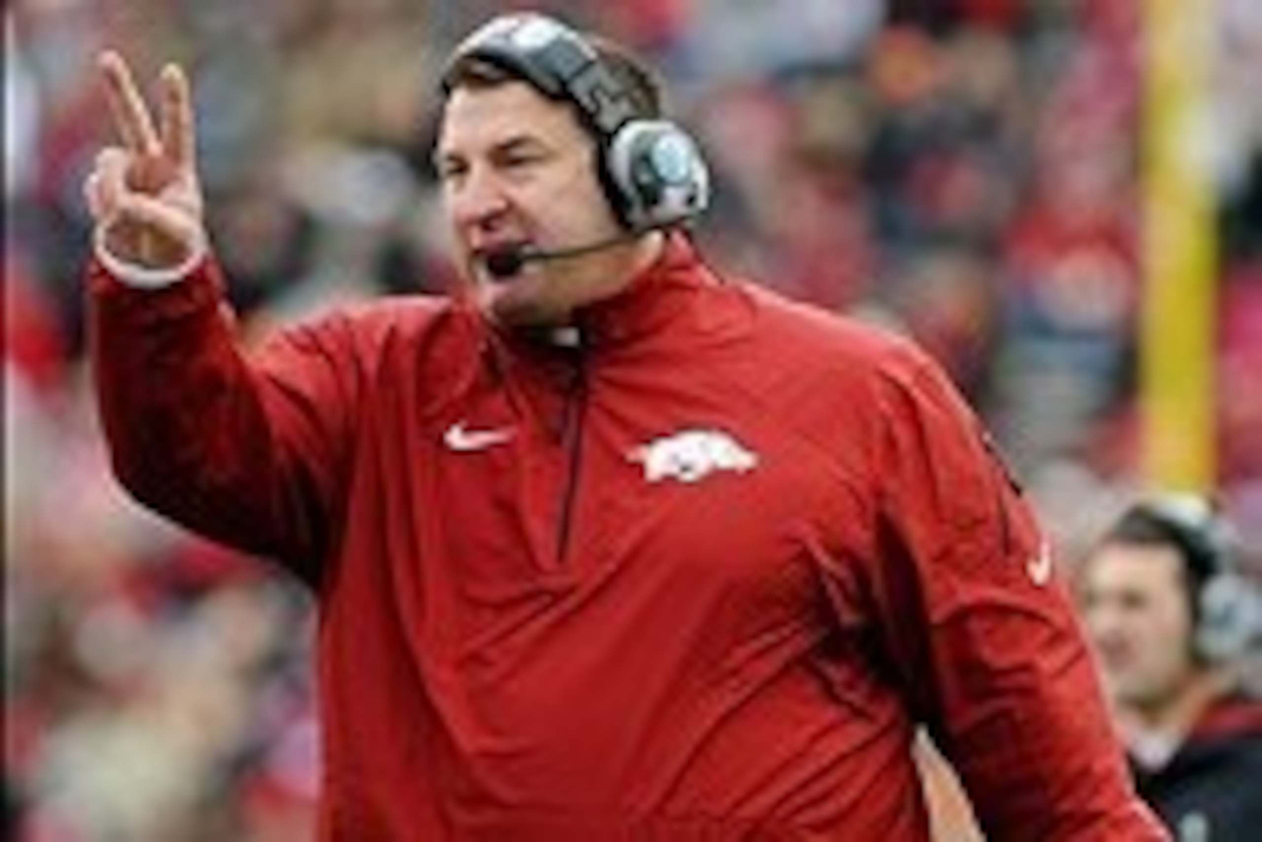 Nov 23, 2013; Little Rock, AR, USA; Arkansas Razorbacks head coach Bret Bielema reacts during the game against the Mississippi State Bulldogs during the second half at War Memorial Stadium. Mississippi State Bulldogs beat Arkansas Razorbacks 24 - 17.  Man
