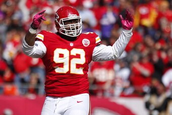 KANSAS CITY, MO - OCTOBER 07:   Dontari Poe #92 of the Kansas City Chiefs celebrates after breaking up a play  against the Baltimore Ravens offense in the fourth quarter on October 07, 2012 at Arrowhead Stadium in Kansas City, Missouri. (Photo by Kyle Riv
