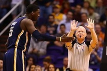 Jan 22, 2014; Phoenix, AZ, USA; Indiana Pacers center Roy Hibbert reacts as he is called for a technical foul by NBA referee Joe Crawford in the first half against the Phoenix Suns at US Airways Center. Mandatory Credit: Mark J. Rebilas-USA TODAY Sports