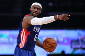 HOUSTON, TX - FEBRUARY 17:  LeBron James #6 of the Miami Heat and the Eastern Conference points in the fourth quarter during the 2013 NBA All-Star game at the Toyota Center on February 17, 2013 in Houston, Texas. NOTE TO USER: User expressly acknowledges 