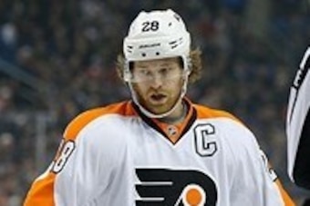 Jan 14, 2014; Buffalo, NY, USA; Philadelphia Flyers center Claude Giroux (28) during the game against the Buffalo Sabres at First Niagara Center. Mandatory Credit: Kevin Hoffman-USA TODAY Sports