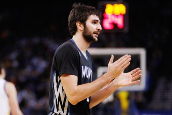 Jan 24, 2014; Oakland, CA, USA; Minnesota Timberwolves guard Ricky Rubio (9) reacts after the Timberwolves made a defensive stop against the Golden State Warriors in the fourth quarter at Oracle Arena. The Timberwolves defeated the Warriors 121-120. Manda