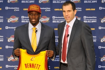Jun 28, 2013; Independence, OH, USA; Cleveland Cavaliers first round pick Anthony Bennett (12) is introduced by general manager Chris Grant during a press conference at Cleveland Clinic Courts. Mandatory Credit: David Richard-USA TODAY Sports