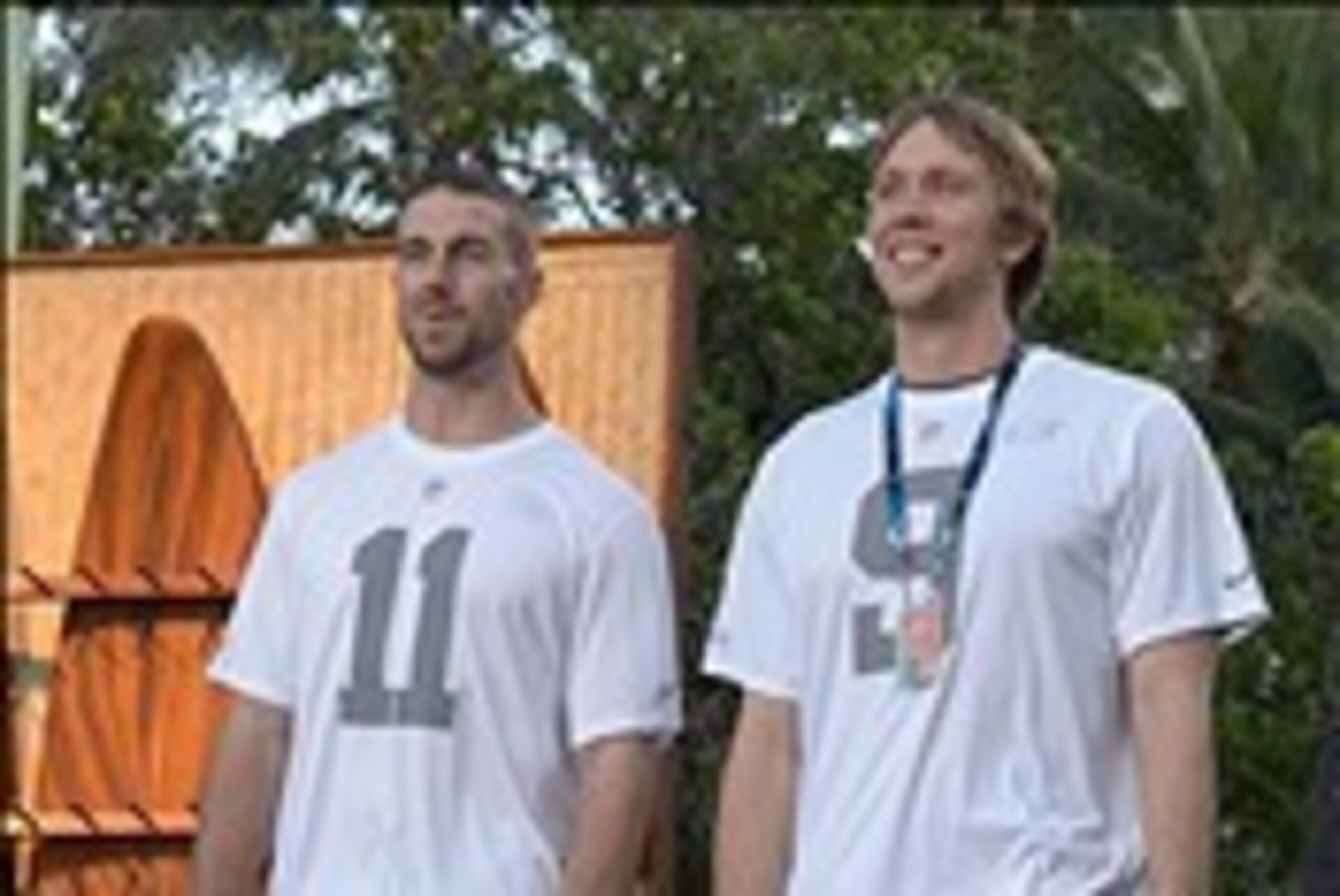 Jan 22, 2014; Ko'Olina, HI, USA; Kansas City Chiefs quarterback Alex Smith (left) and Philadelphia Eagles quarterback Nick Foles at the Pro Bowl draft at the J.W. Marriott Ihilani Resort & Spa. Mandatory Credit: Kirby Lee-USA TODAY Sports