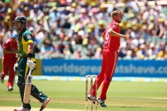 ADELAIDE, AUSTRALIA - JANUARY 26:  Stuart Broad of England celebrates taking the wicket of  Shane Watson of Australia during game five of the One Day International Series between Australia and England at Adelaide Oval on January 26, 2014 in Adelaide, Aust