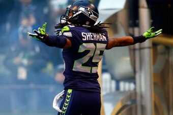 SEATTLE, WA - JANUARY 19:  Cornerback Richard Sherman #25 of the Seattle Seahawks takes the field for the 2014 NFC Championship against the San Francisco 49ers at CenturyLink Field on January 19, 2014 in Seattle, Washington.  (Photo by Jonathan Ferrey/Get