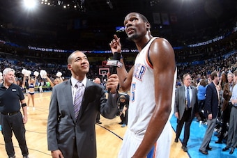 OKLAHOMA CITY, OK - JANUARY 17: Kevin Durant #35 of the Oklahoma City Thunder is interviewed after an NBA game on January 17, 2014 at the Chesapeake Energy Arena in Oklahoma City, Oklahoma. Durant had a career high of 54 points as the Thunder won 127-121 OKLAHOMA CITY, OK - JANUARY 17: Kevin Durant #35 of the Oklahoma City Thunder is interviewed after an NBA game on January 17, 2014 at the Chesapeake Energy Arena in Oklahoma City, Oklahoma. Durant had a career high of 54 points as the Thunder won 127-121