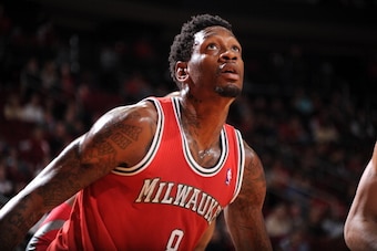 HOUSTON, TX - JANUARY 18:  Larry Sanders #8 of the Milwaukee Bucks reacts to a play against the Houston Rockets on January 18, 2014 at the Toyota Center in Houston, Texas. NOTE TO USER: User expressly acknowledges and agrees that, by downloading and or us