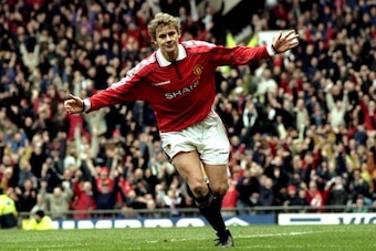 21 Mar 1999:  Ole Gunnar Solskjaer of Manchester United celebrates during the FA Carling Premiership match against Everton played at Old Trafford in Manchester, England. Manchester United won the game 3-0. \ Mandatory Credit: Tony O''Brien /Allsport