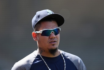 ANAHEIM, CA - MAY 22:  Felix Hernandez #34 of the Seattle Mariners looks on prior to the start of the game against the Los Angeles Angels of Anaheim at Angel Stadium of Anaheim on May 22, 2013 in Anaheim, California.  (Photo by Jeff Gross/Getty Images)