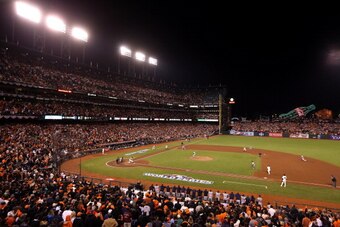 SAN FRANCISCO, CA - OCTOBER 25:  A general view of Brandon Crawford #35 of the San Francisco Giants driving in a run on a double play ball in the seventh inning against the Detroit Tigers during Game Two of the Major League Baseball World Series at AT&T P