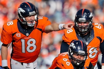 DENVER, CO - JANUARY 19:   Peyton Manning #18 of the Denver Broncos calls a play against the New England Patriots during the AFC Championship game at Sports Authority Field at Mile High on January 19, 2014 in Denver, Colorado.  (Photo by Kevin C. Cox/Gett