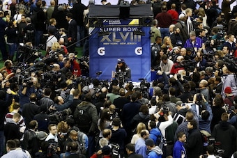 NEWARK, NJ - JANUARY 28:  Cornerback Richard Sherman #25 of the Seattle Seahawks speaks to the media during Super Bowl XLVIII Media Day at the Prudential Center on January 28, 2014 in Newark, New Jersey.  Super Bowl XLVIII will be played between the Seatt