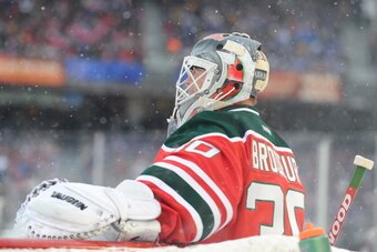 NEW YORK, NY - JANUARY 26:  (EDITORIAL USE ONLY) Martin Brodeur #30 of the New Jersey Devils during the 2014 Coors Light NHL Stadium Series at Yankee Stadium on January 26, 2014 in the Bronx borough of New York City.  (Photo by Brian Babineau/NHLI via Get