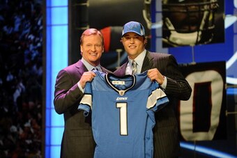 NEW YORK - APRIL 25:  NFL Commissioner Roger Goodell stands with Detroit Lions #1 draft pick Matthew Stafford at  Radio City Music Hall for the 2009 NFL Draft on April 25, 2009 in New York City  (Photo by Jeff Zelevansky/Getty Images)