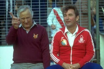 30 May 1979:  Nottingham Forest Assistant Manager Peter Taylor (left) and Manager Brian Clough watch the European Cup final against Malmo FF at the Olympic Stadium in Munich, West Germany. Nottingham  Forest won the match 1-0. \ Mandatory Credit: Allsport