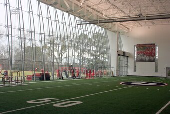 Mark Richt's office overlooks the practice fields and the multi-purpose area above
