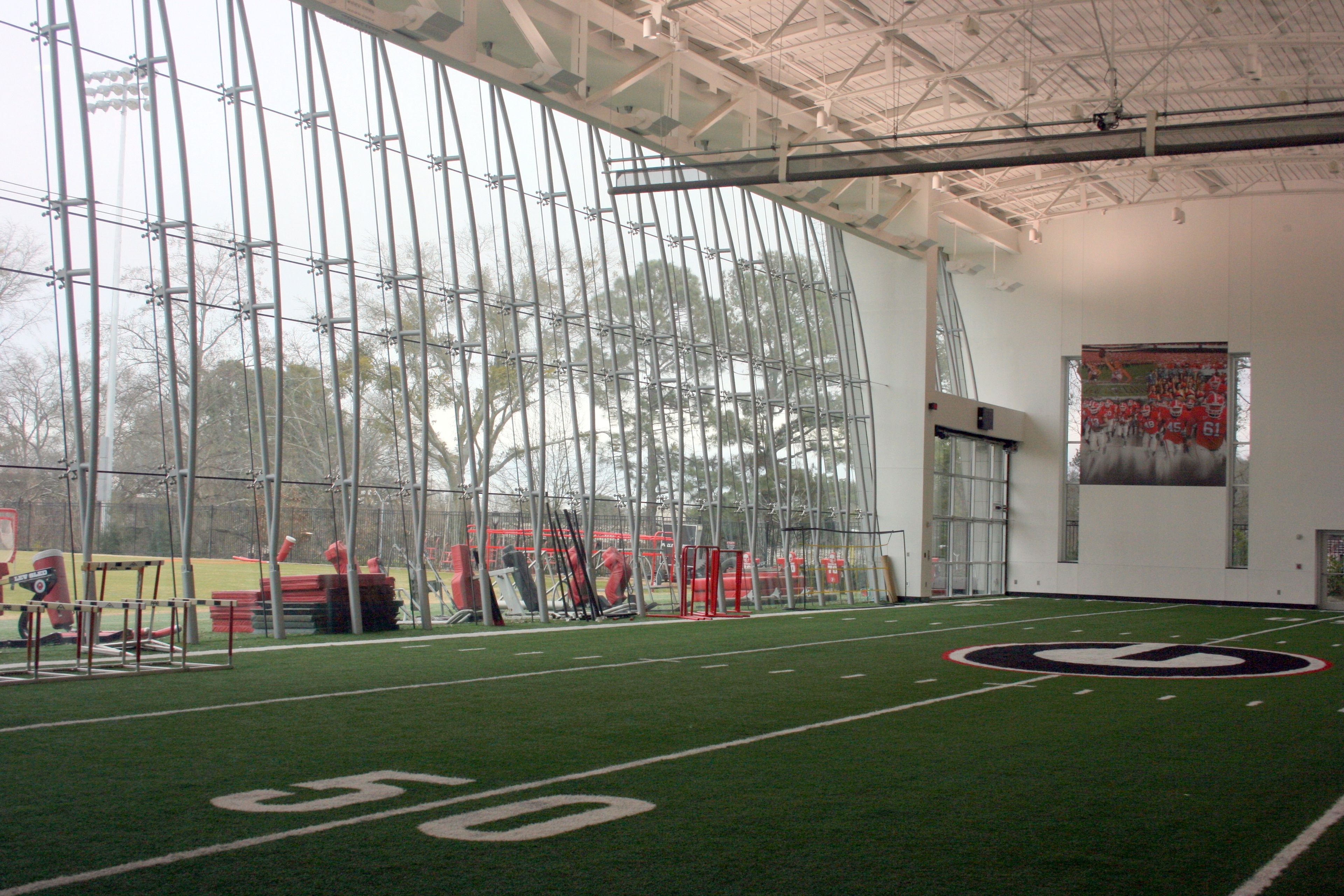 Mark Richt's office overlooks the practice fields and the multi-purpose area above