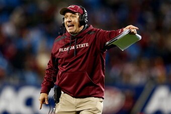CHARLOTTE, NC - DECEMBER 07:  Head coach Jimbo Fisher of the Florida State Seminoles looks on against the Duke Blue Devils during the ACC Championship game at Bank of America Stadium on December 7, 2013 in Charlotte, North Carolina.  (Photo by Streeter Le