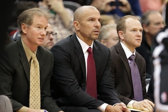 MINNEAPOLIS, MN - NOVEMBER 22:  Jason Kidd and Lawrence Frank of the Brooklyn Nets sit on the bench against the Minnesota Timberwolves on November 22, 2013 at Target Center in Minneapolis, Minnesota. NOTE TO USER: User expressly acknowledges and agrees th