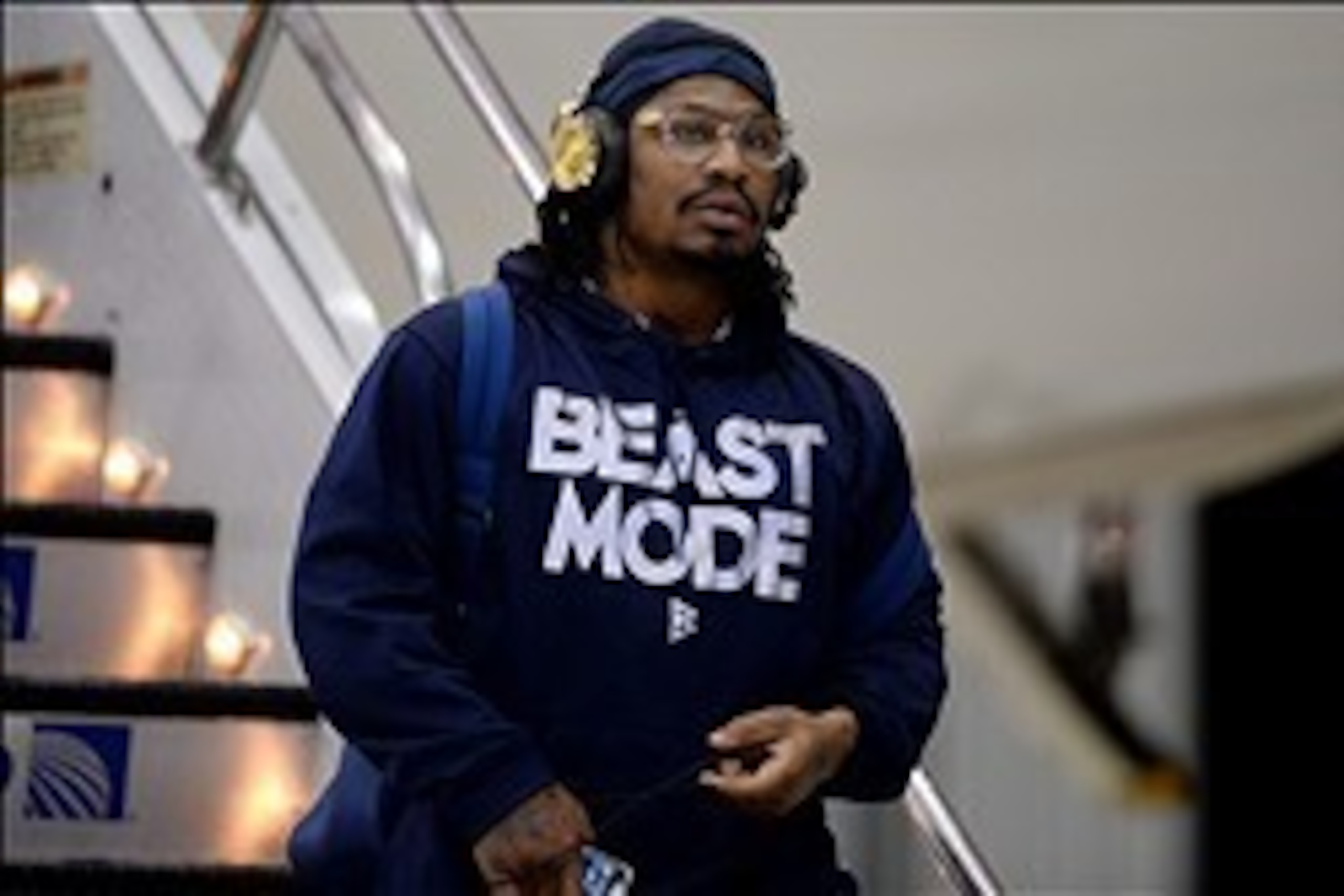 Jan 26, 2014; Newark, NJ, USA; Seattle Seahawks running back Marshawn Lynch arrives at Newark Liberty International Airport to face the Denver Broncos in Super Bowl XLVIII. Mandatory Credit: Joe Camporeale-USA TODAY Sports Jan 26, 2014; Newark, NJ, USA; Seattle Seahawks running back Marshawn Lynch arrives at Newark Liberty International Airport to face the Denver Broncos in Super Bowl XLVIII. Mandatory Credit: Joe Camporeale-USA TODAY Sports