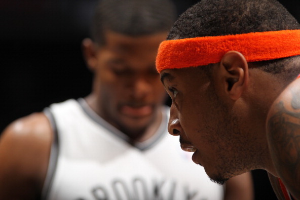 NEW YORK, NY - NOVEMBER 26:  A close up shot of Carmelo Anthony #7 of the New York Knicks as he awaits a foul shot against the Brooklyn Nets on November 26, 2012 at the Barclays Center in the Brooklyn Borough of New York City. NOTE TO USER: User expressly