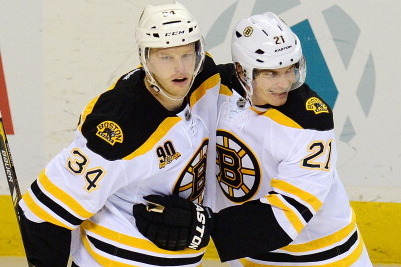 SAN JOSE, CA - JANUARY 11:  Carl Soderberg #34 and Loui Eriksson #21 of the Boston Bruins celebrate after Soderberg scored a goal against the San Jose Sharks during the third period at SAP Center on January 11, 2014 in San Jose, California. The Bruins won