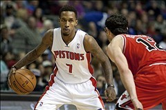 Nov 27, 2013; Auburn Hills, MI, USA; Detroit Pistons point guard Brandon Jennings (7) gets defended by Chicago Bulls shooting guard Kirk Hinrich (12) during the fourth quarter at The Palace of Auburn Hills. Bulls beat the Pistons 99-79. Mandatory Credit: