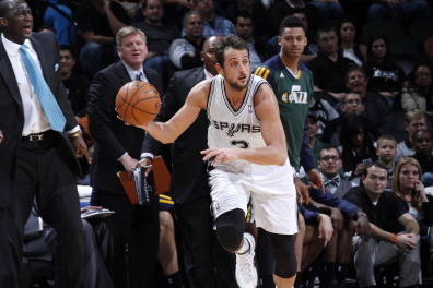 SAN ANTONIO, TX - JANUARY 15: Marco Belinelli #3 of the San Antonio Spurs handling the ball during a game against the Utah Jazz on January 15, 2014 at the AT&T Center in San Antonio, Texas. NOTE TO USER: User expressly acknowledges and agrees that, by dow