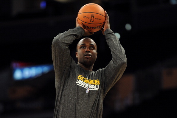 LOS ANGELES, CA - APRIL 26:  Derrick Caracter #45 of the Los Angeles Lakers warms up before Game Five of the Western Conference Quarterfinals in the 2011 NBA Playoffs against the New Orleans Hornets on April 26, 2011 at Staples Center in Los Angeles, Cali