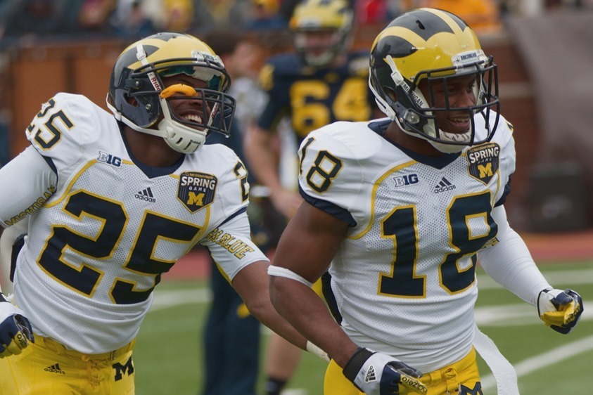 Thomas (left) at the spring game with Blake Countess