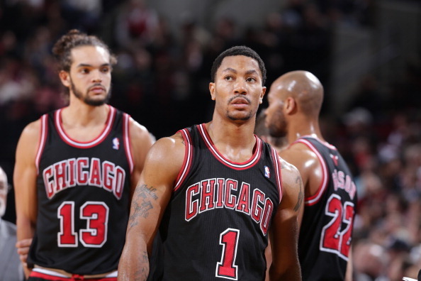PORTLAND, OR - NOVEMBER 22:  Derrick Rose #1 of the Chicago Bulls walks off the court during the game against the Portland Trail Blazers on November 22, 2013 at the Moda Center Arena in Portland, Oregon. NOTE TO USER: User expressly acknowledges and agree