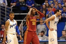 Jan 29, 2014; Lawrence, KS, USA; Iowa State Cyclones guard DeAndre Kane (50) reacts after fouling during the first half against the Kansas Jayhawks at Allen Fieldhouse. Mandatory Credit: Denny Medley-USA TODAY Sports