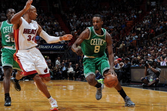 MIAMI, FL- JANUARY 21:  Jeff Green #8 of the Boston Celtics handles the ball against the Miami Heat at the American Airlines Arena in Miami, Florida on January 21, 2014.  NOTE TO USER: User expressly acknowledges and agrees that, by downloading and or usi