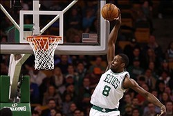Jan 29, 2014; Boston, MA, USA; Boston Celtics small forward Jeff Green (8) dunks the ball against the Philadelphia 76ers during the first half at TD Garden. Mandatory Credit: Mark L. Baer-USA TODAY Sports